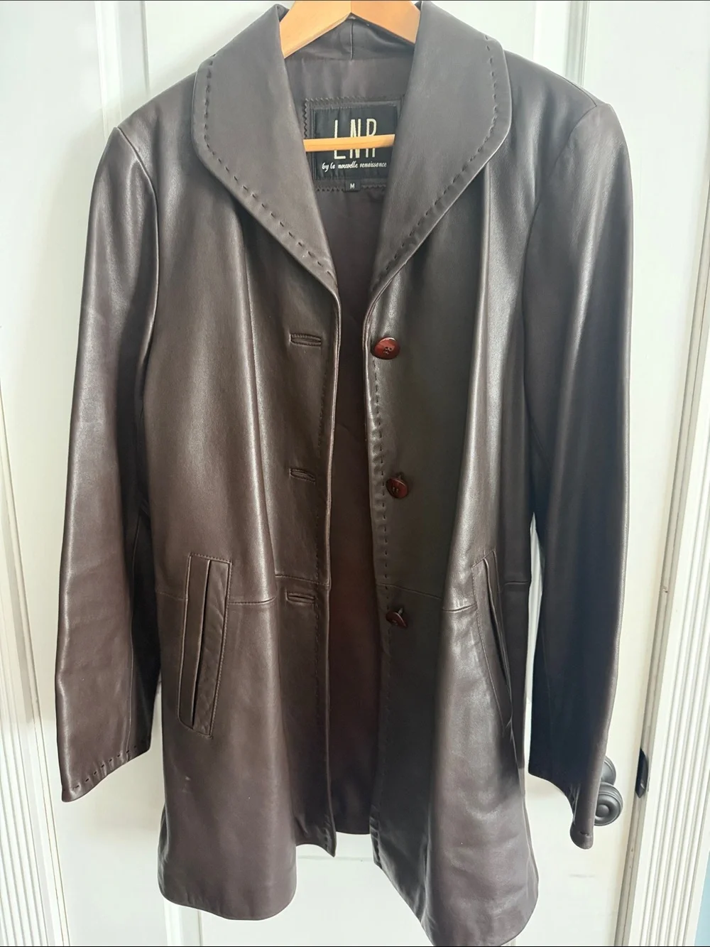 LID Brown Leather Button-Front Trench Coat